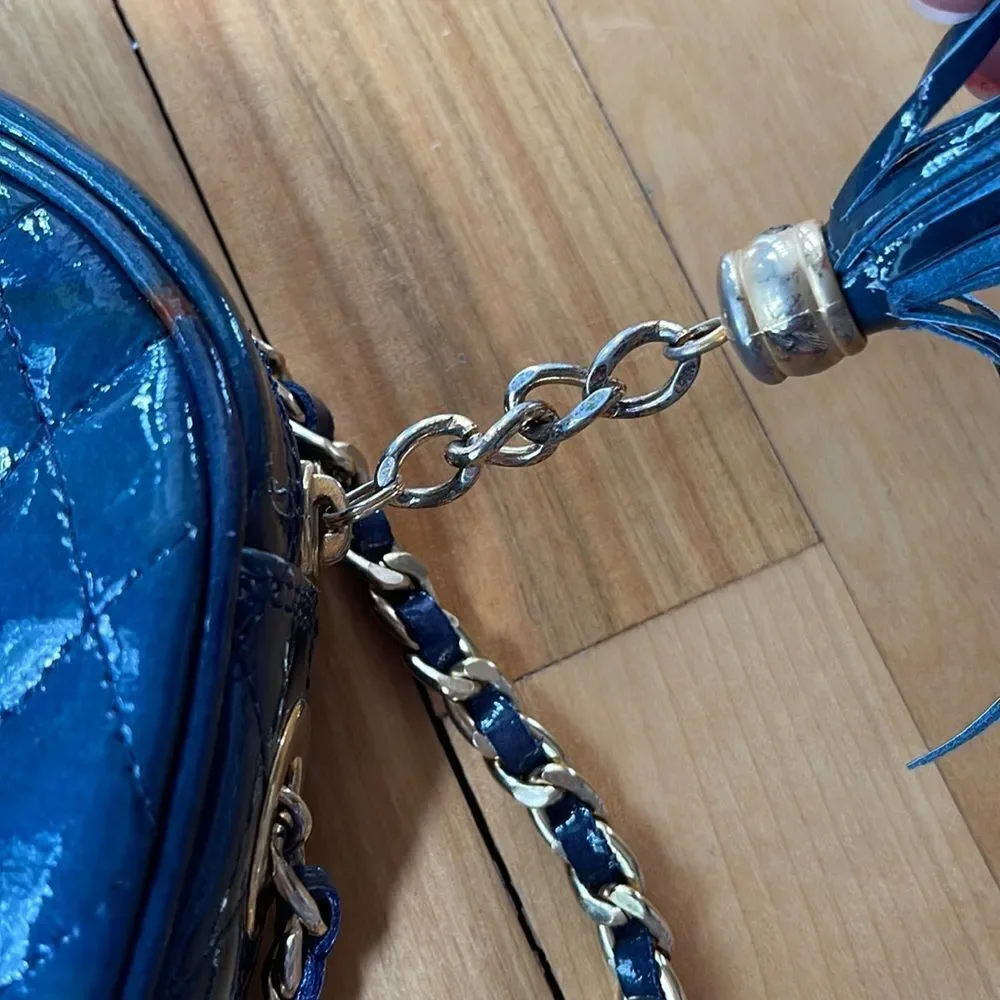 Nordstrom deep teal quilted patent leather woven chain crossbody bag. Tassel zip